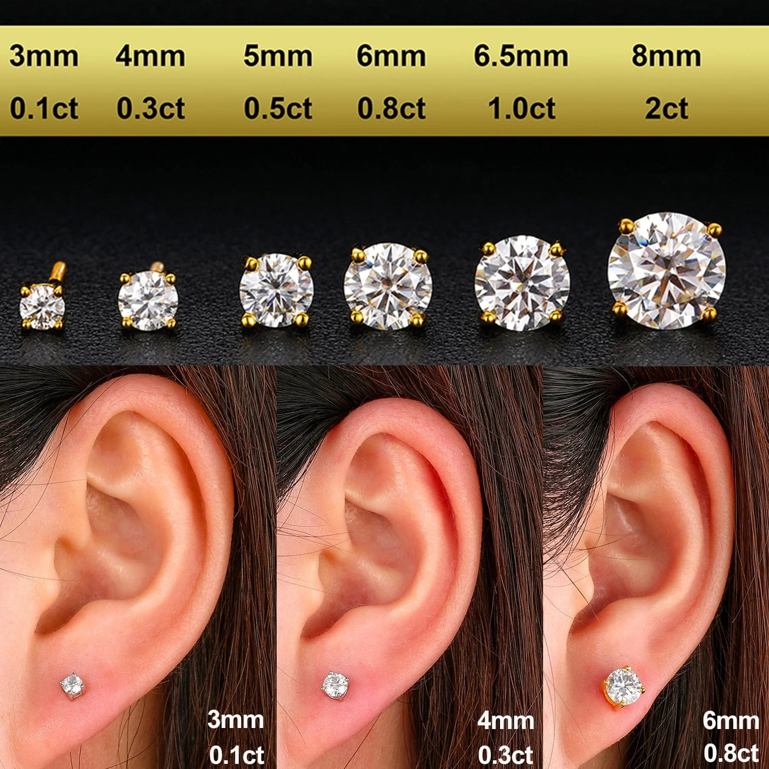 0.1-1 CT Moissanite Sterling Silver/ Gold/ Rose Gold Stud Earrings - Image 15