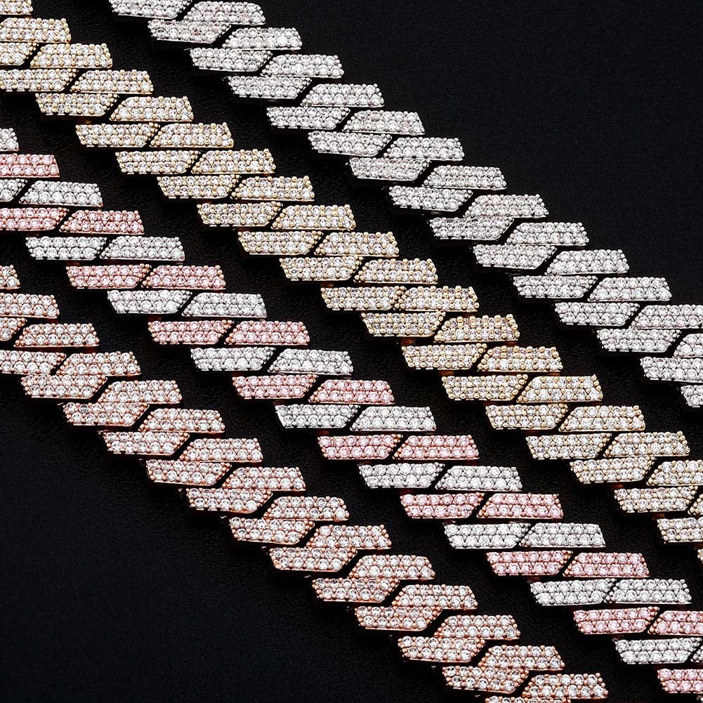 12mm Diamond Prong Cuban Chain Two Tone Rose Gold & Silver - Image 7