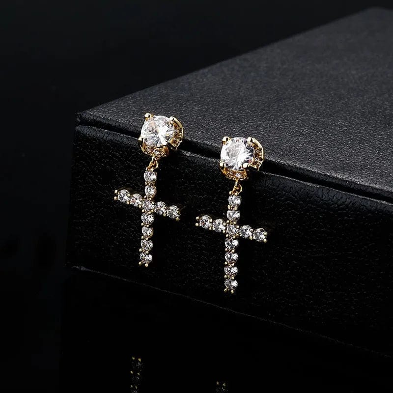 14K Solid Gold Cross Round Moissanite Earrings - Image 4