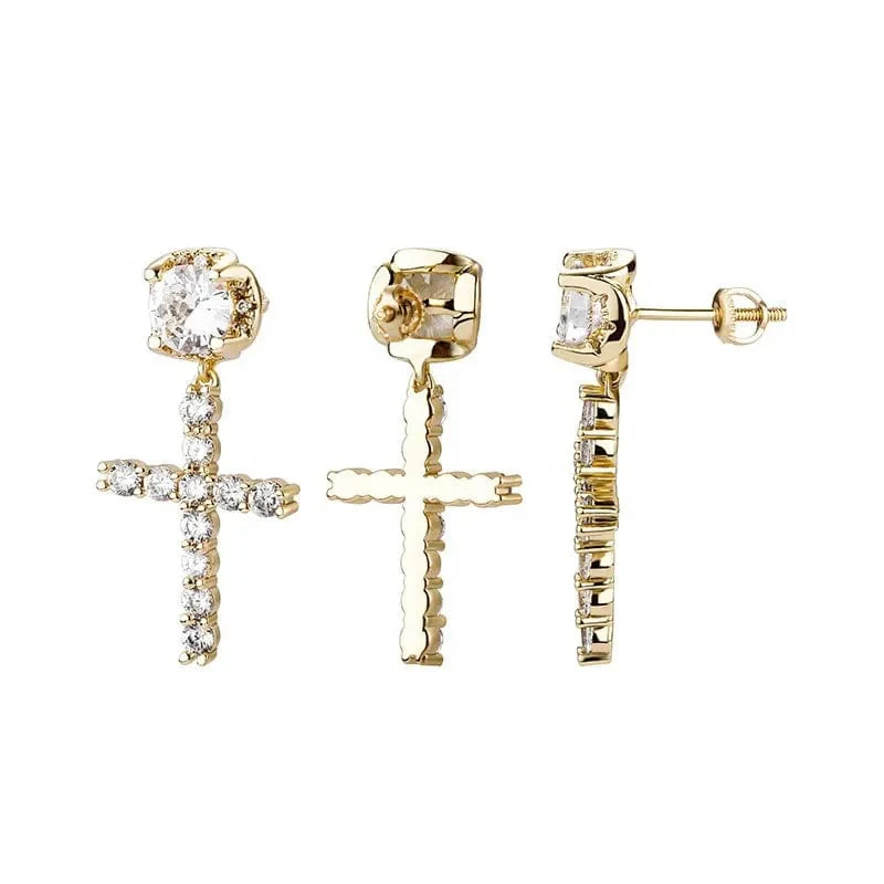 14K Solid Gold Cross Round Moissanite Earrings - Image 5