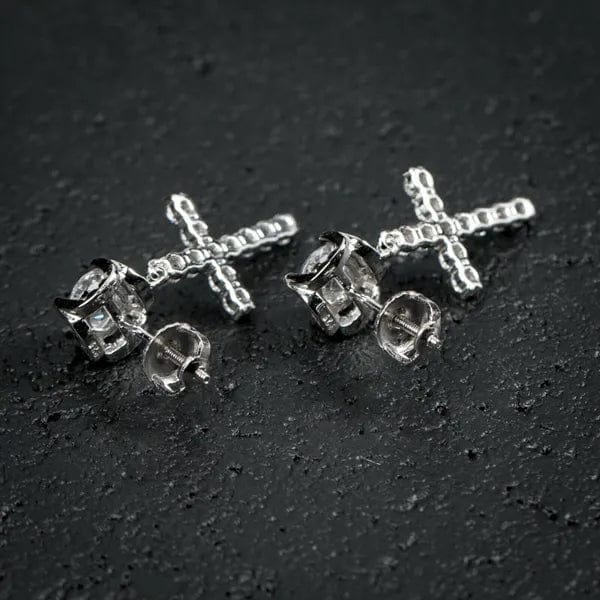 14K Solid Gold Cross Round Moissanite Earrings - Image 6