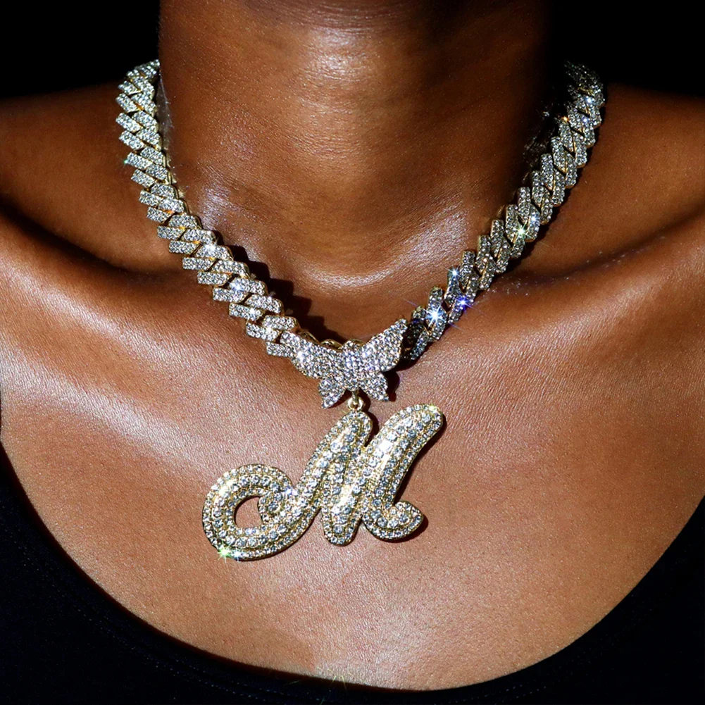 14MM Custom Initial Letter Cuban Butterfly Pendant Necklace - Image 2