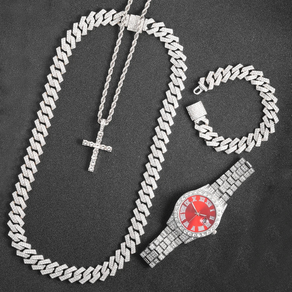 16mm Cuban Link Chain, Cross Watch & Bracelet Bundle Set - Image 2