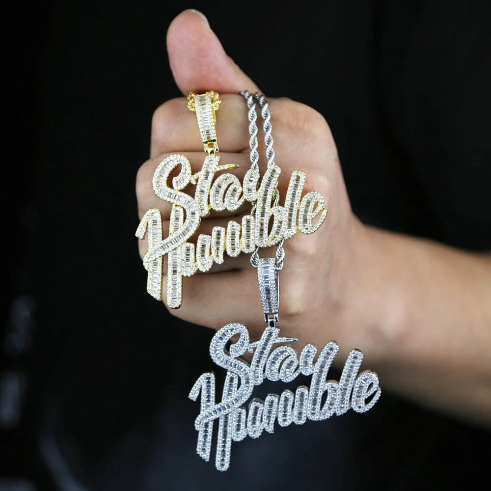 18K Gold "Stay Humble" Baguette Pendant Necklace - Image 6
