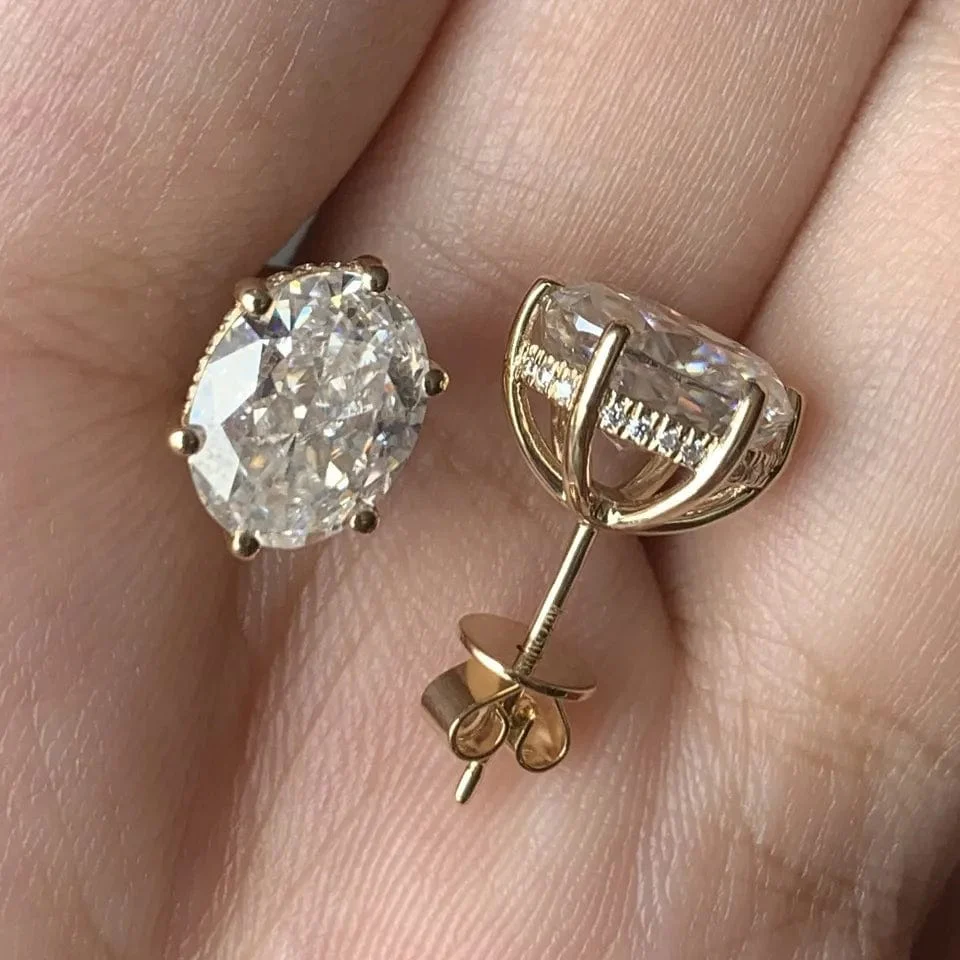 18K Solid Gold 2CT Oval Crushed Cut Moissanite Stud Earrings - Image 4