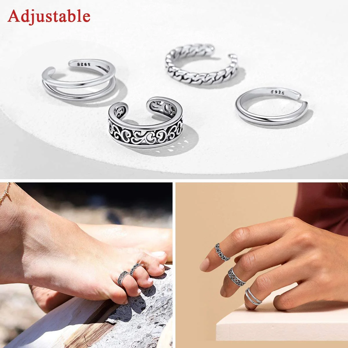 4pc Set 925 Sterling Silver Adjustable Toe Rings - Image 4
