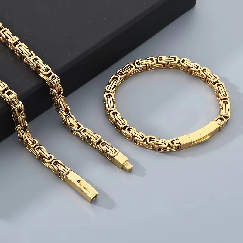 6MM 14K Gold Plated Byzantine Chain Bracelet Set - Image 4