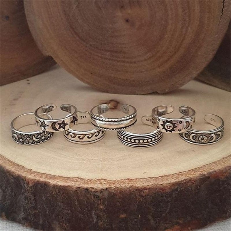 7pcs Vintage Hallow Star and Moon Toe Rings Set - Image 10