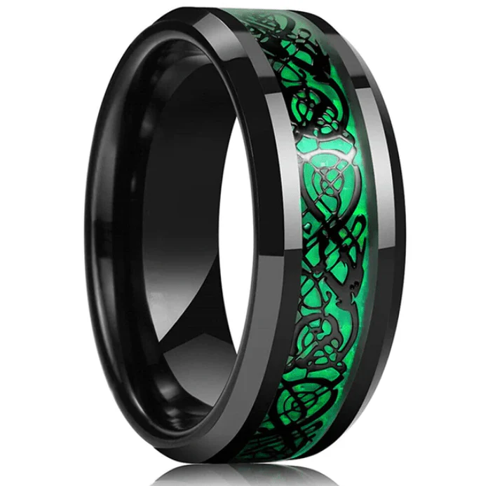 8MM Black Tungsten Men's Wedding Band with Green Celtic Dragon Inlay