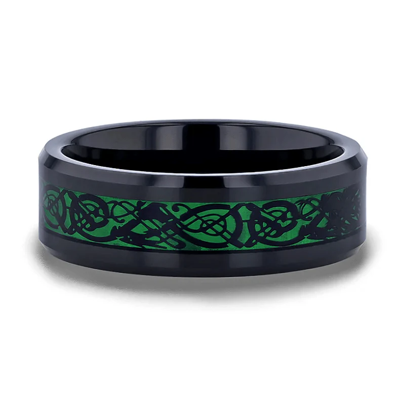 8MM Black Tungsten Men's Wedding Band with Green Celtic Dragon Inlay - Image 3