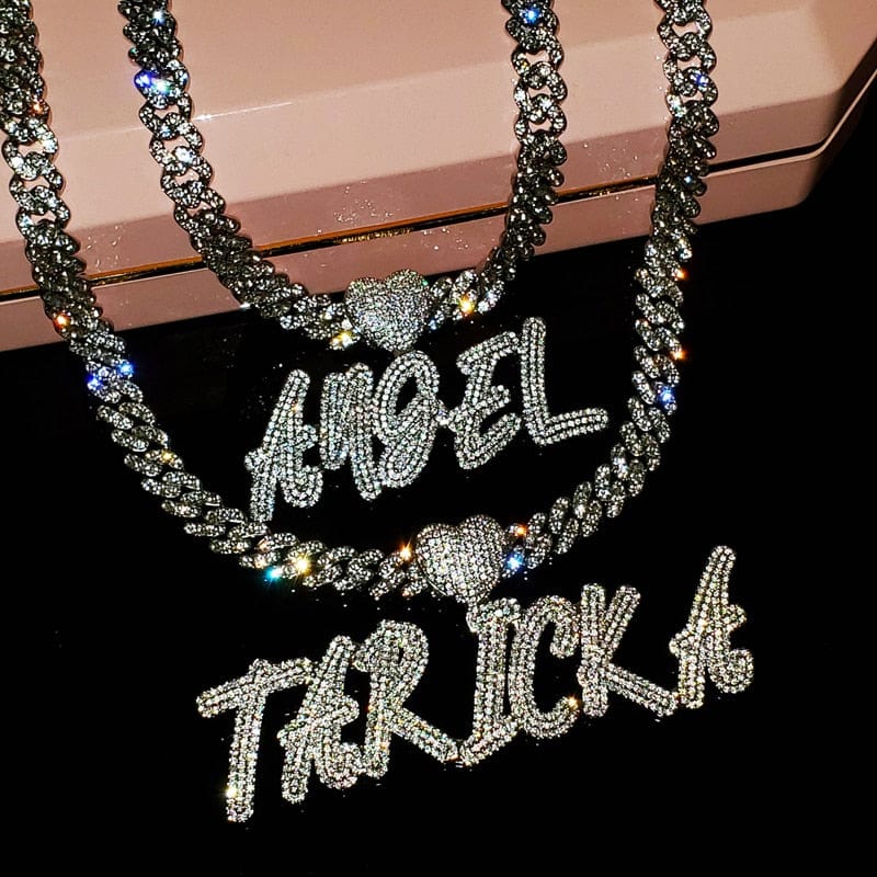 9MM Custom Heart Bail Brush Cursive Cuban Name Pendant Necklace - Image 3