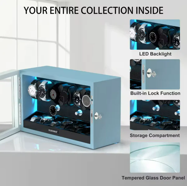 Aurora Blue Light 6+6 Watch Winder with Extra Storage and Quiet Motors - Image 6