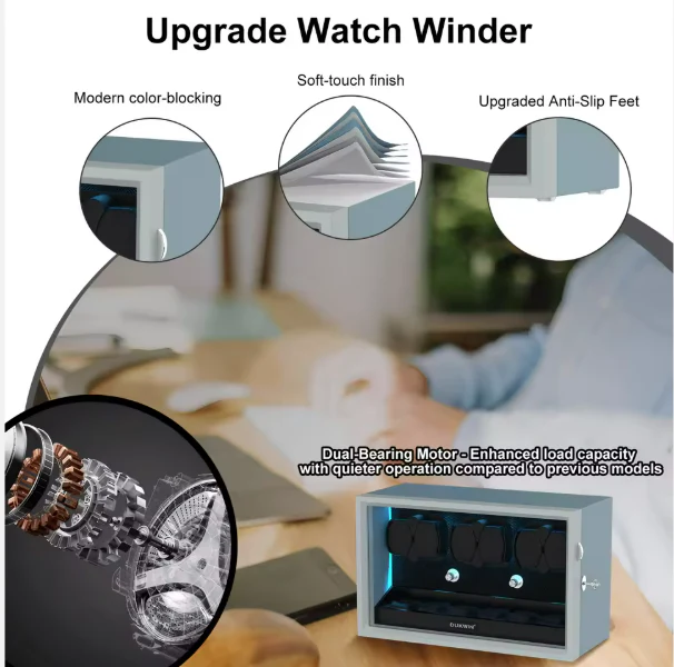 Aurora Blue Light 6+6 Watch Winder with Extra Storage and Quiet Motors - Image 8