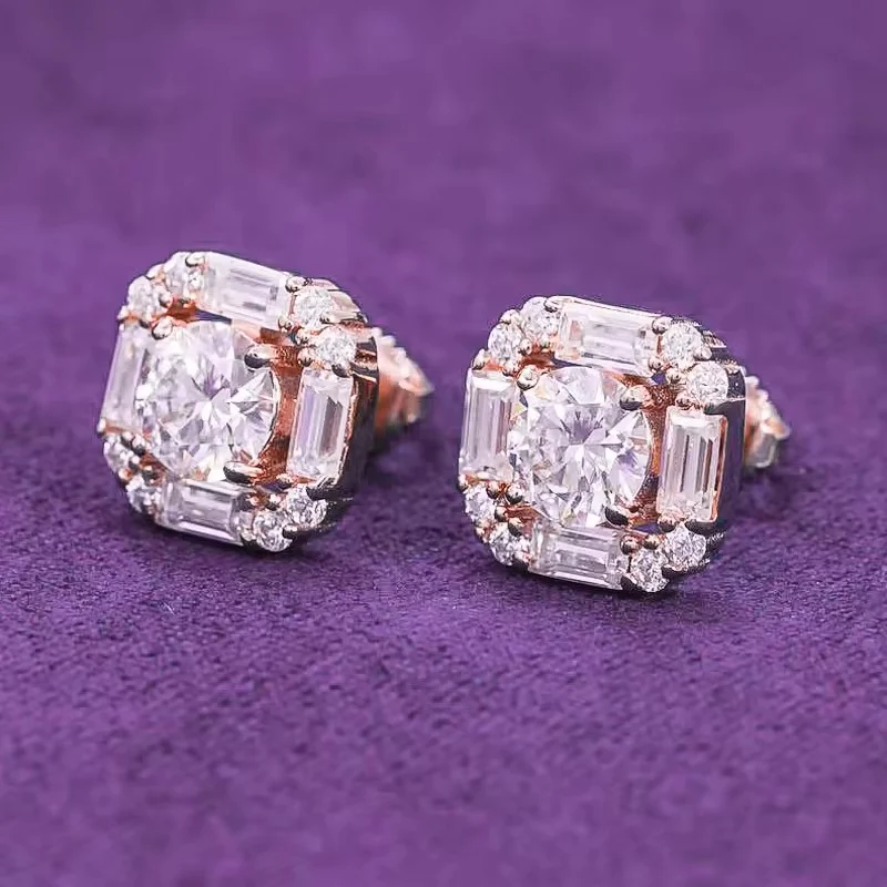 Baguette Halo VVS Moissanite Stud Earrings - Image 10