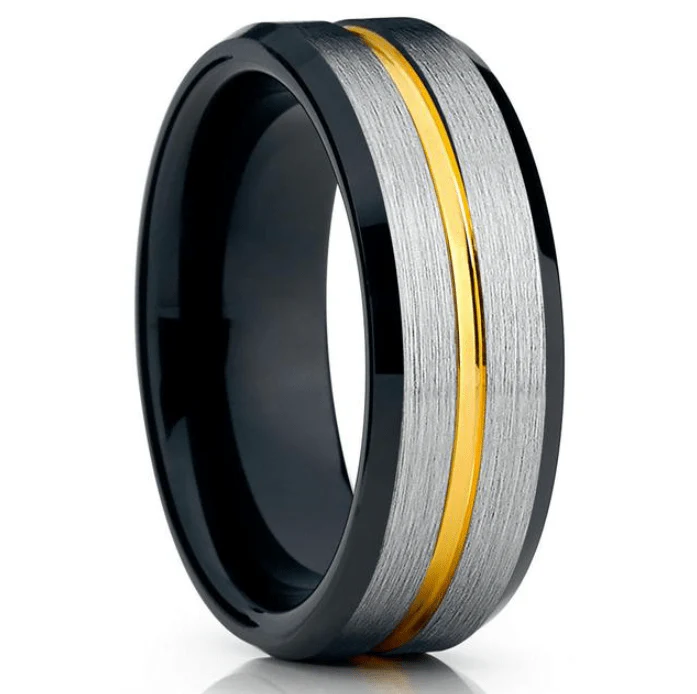 Black Brushed Silver 8MM Gold Tungsten Carbide Ring