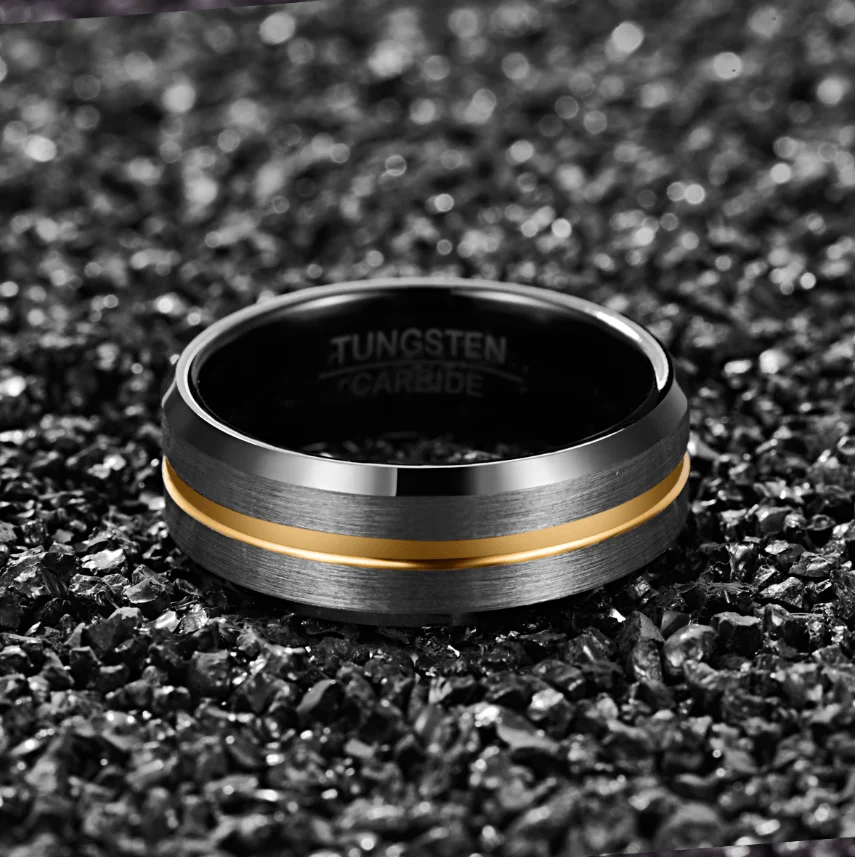 Black Brushed Silver 8MM Gold Tungsten Carbide Ring - Image 2