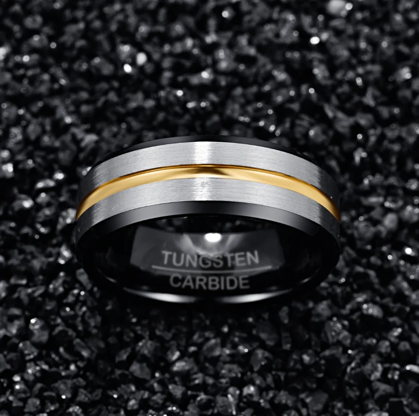 Black Brushed Silver 8MM Gold Tungsten Carbide Ring - Image 3