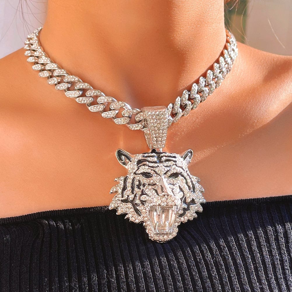 Bling Tiger Pendant Cuban Chain Necklace - Image 3
