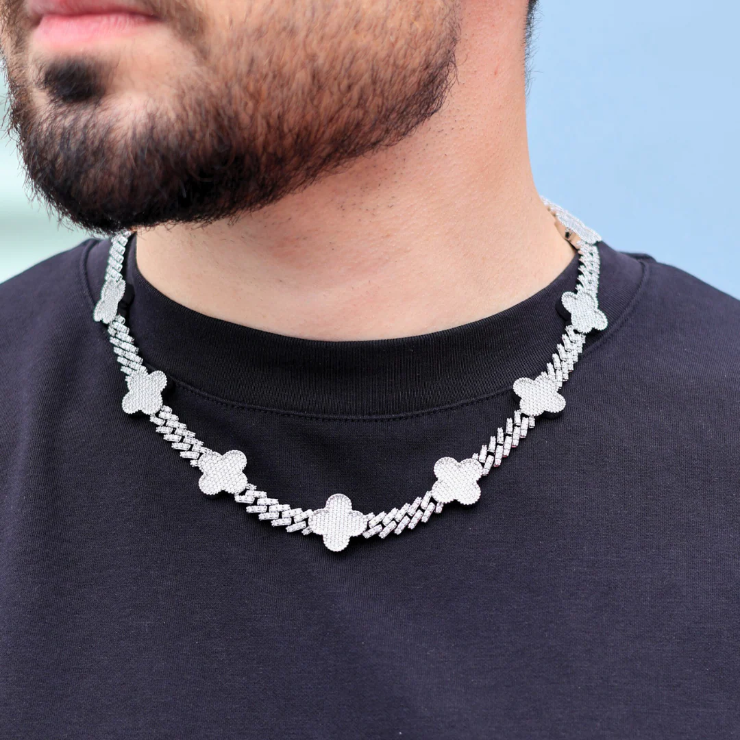 Clover Iced Prong Cuban Chain (Silver) - 8mm - Image 2