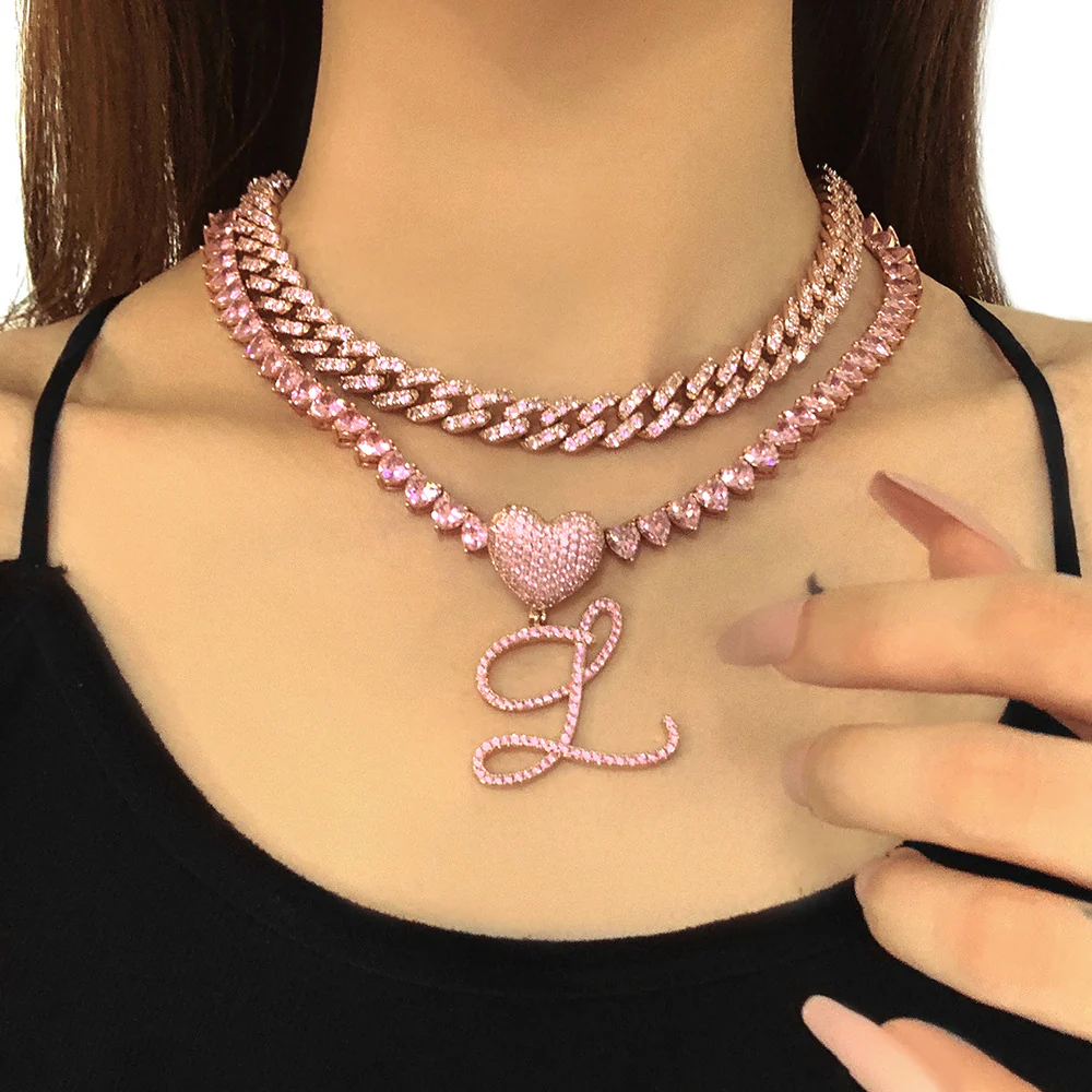 Custom Initial Cuban Heart Pendant Necklace + FREE Tennis Chain - Image 12