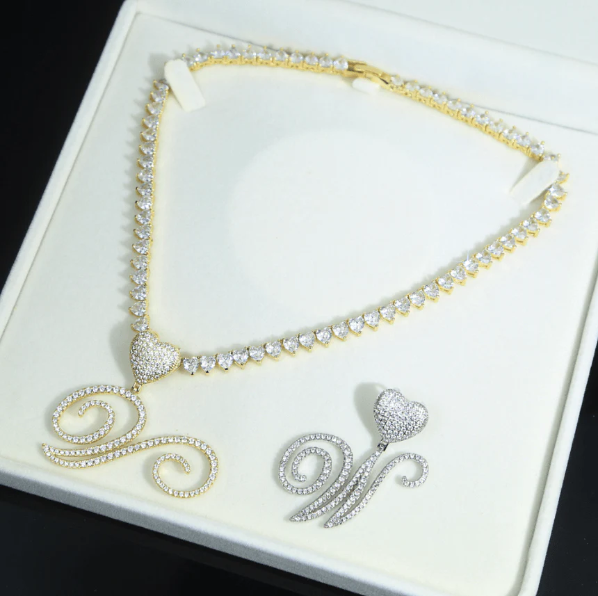 VVS Jewelry Iced Cursive Heart Initial Pendant Tennis Necklace - Image 3