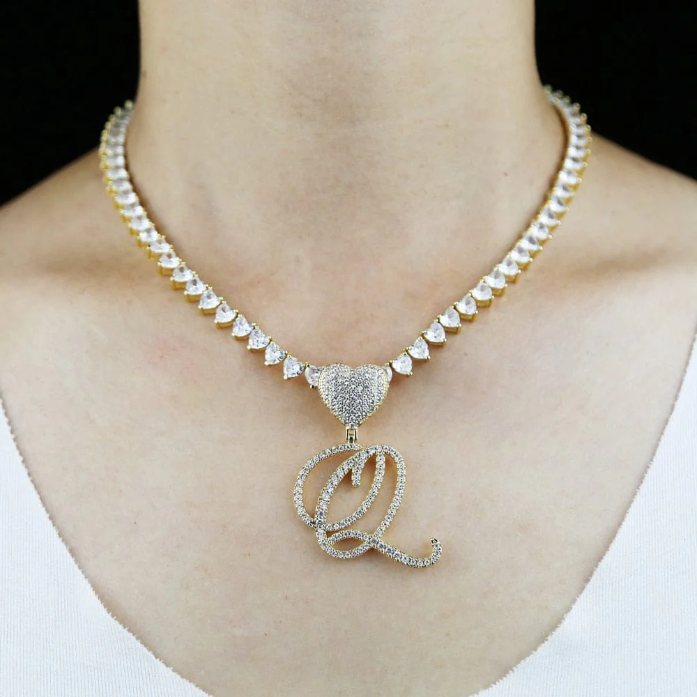 VVS Jewelry Iced Cursive Heart Initial Pendant Tennis Necklace - Image 5