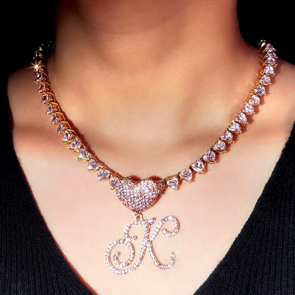 VVS Jewelry Iced Cursive Heart Initial Pendant Tennis Necklace - Image 8