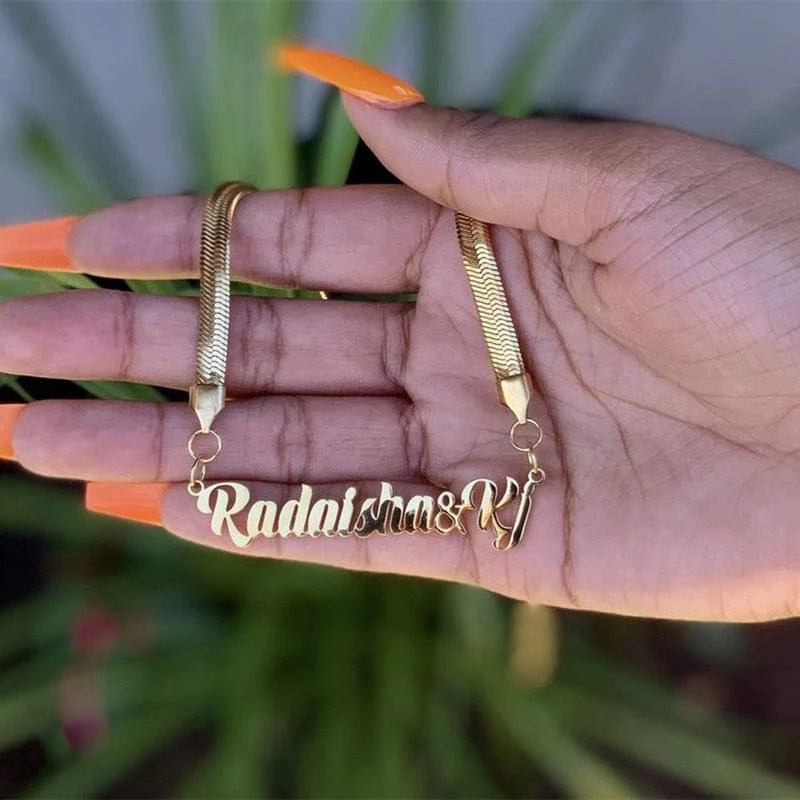 Custom Name Herringbone Chain – Gold Plated Personalized Necklace - Image 3