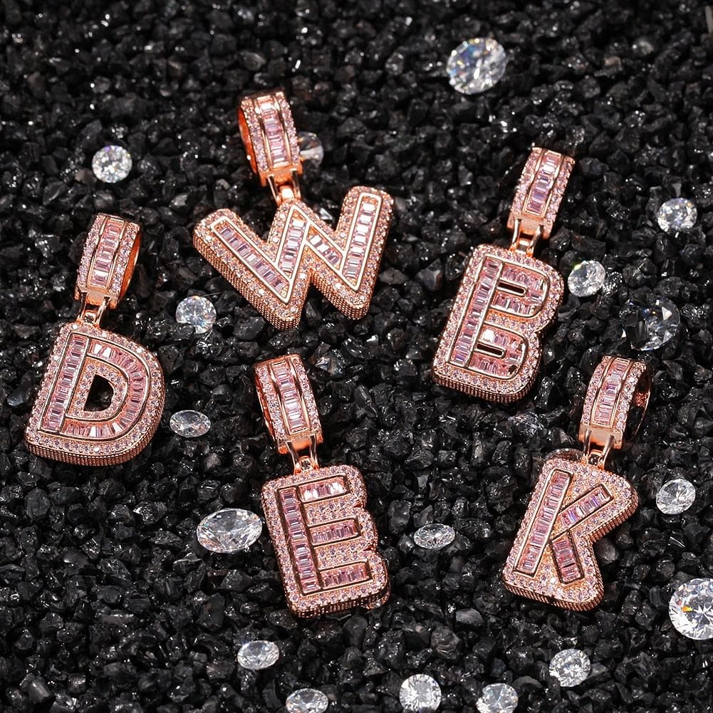 Custom Pink Baguette Initial Pendant Chain - Image 3