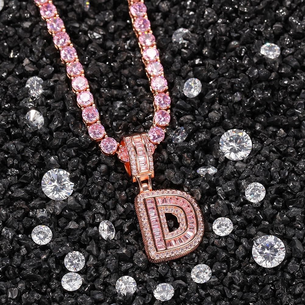 Custom Pink Baguette Initial Pendant Chain - Image 4