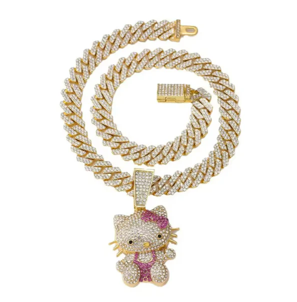Diamond Hello Kitty Cuban Chain Pendant Necklace - Image 2
