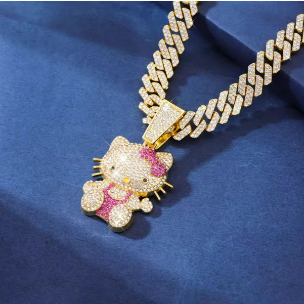 Diamond Hello Kitty Cuban Chain Pendant Necklace - Image 3