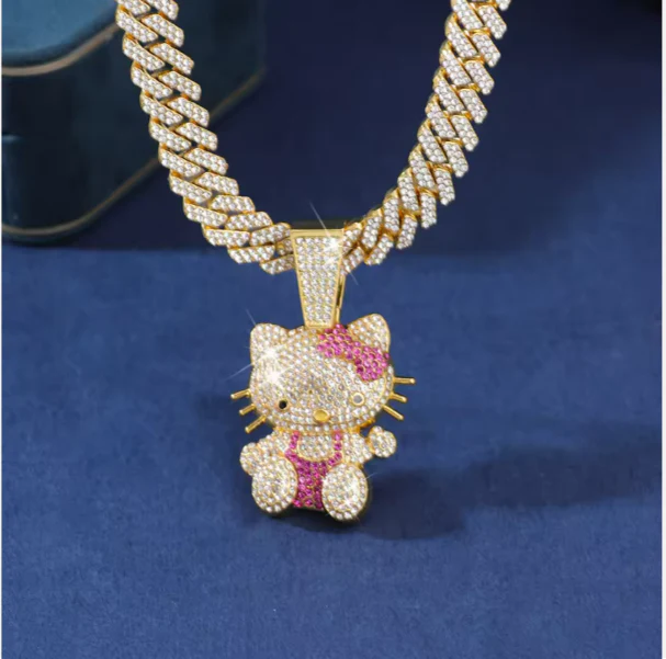 Diamond Hello Kitty Cuban Chain Pendant Necklace - Image 4