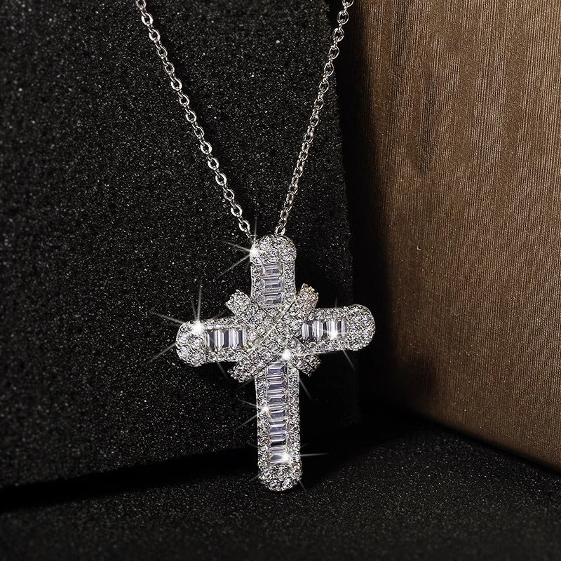 Fully Iced Baguette Cross Pendant Necklace - Image 3
