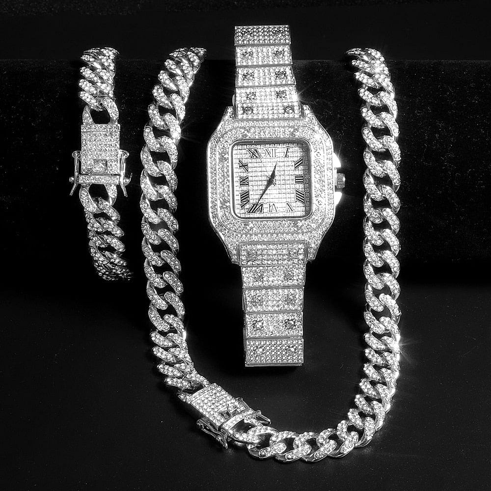 Iced out Cuban Chain & Cuban Bracelet Bundle + FREE Square Roman Watch - Image 10