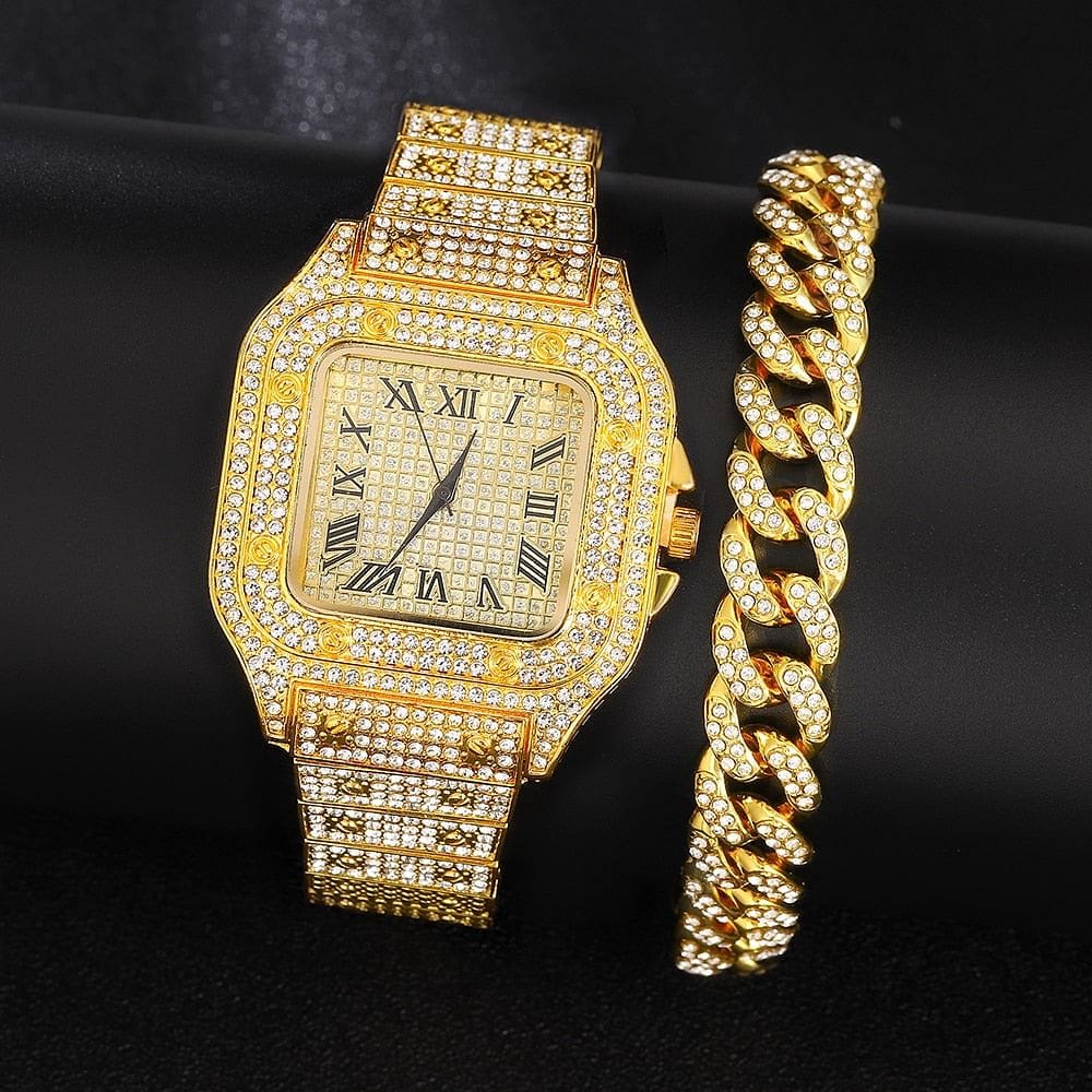 Iced out Cuban Chain & Cuban Bracelet Bundle + FREE Square Roman Watch - Image 11
