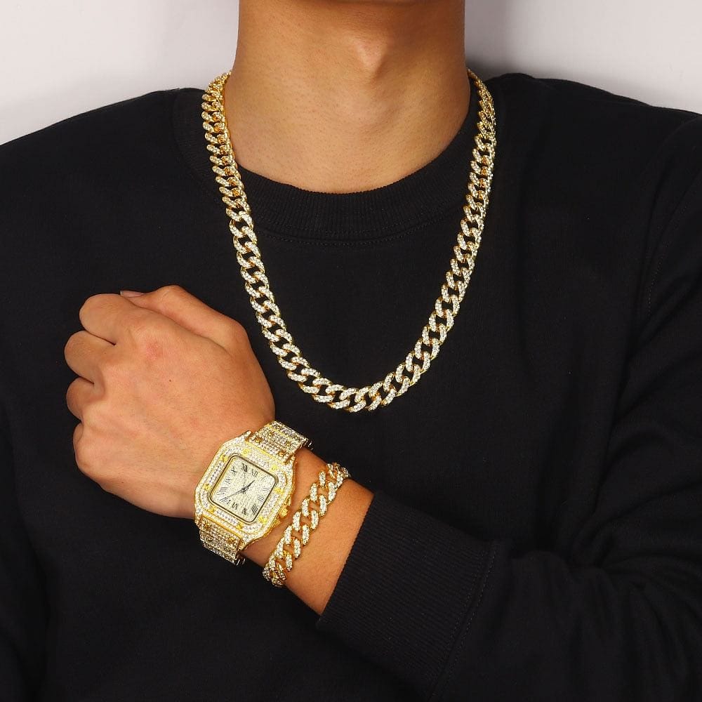 Iced out Cuban Chain & Cuban Bracelet Bundle + FREE Square Roman Watch - Image 12