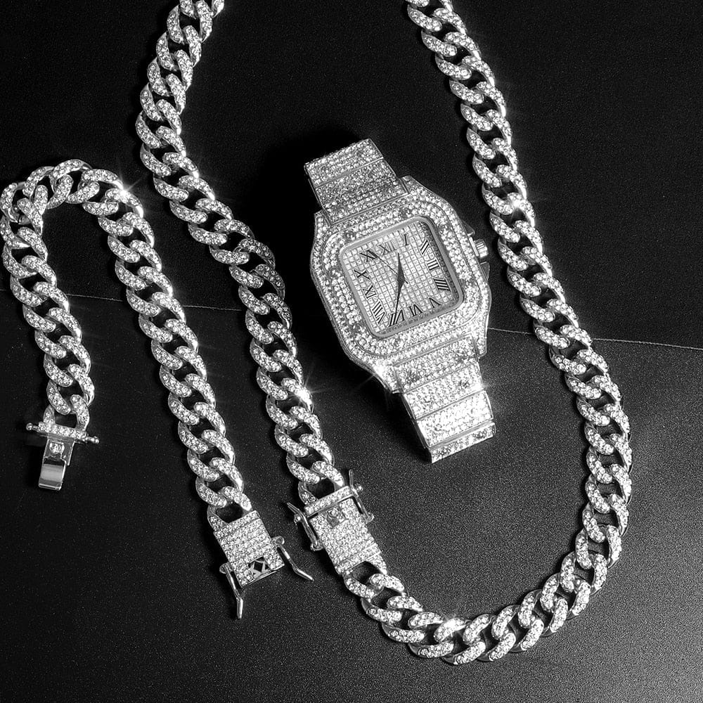 Iced out Cuban Chain & Cuban Bracelet Bundle + FREE Square Roman Watch - Image 2