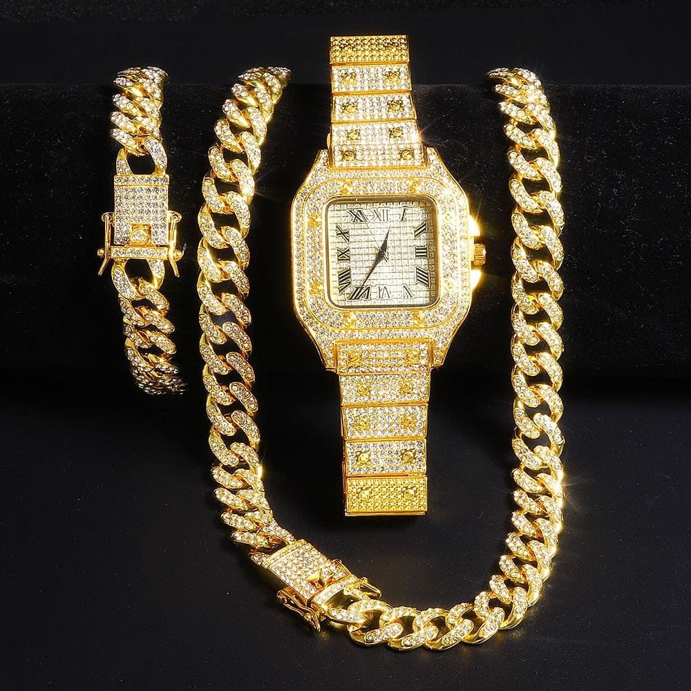 Iced out Cuban Chain & Cuban Bracelet Bundle + FREE Square Roman Watch - Image 6