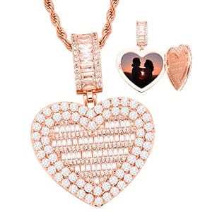 Fully Iced Custom Heart Baguette Photo Pendant Necklace - Image 2