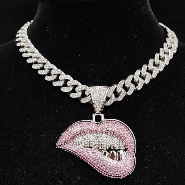 Fully Iced Out Pink Biting Lip Cuban Pendant Chain - Image 11