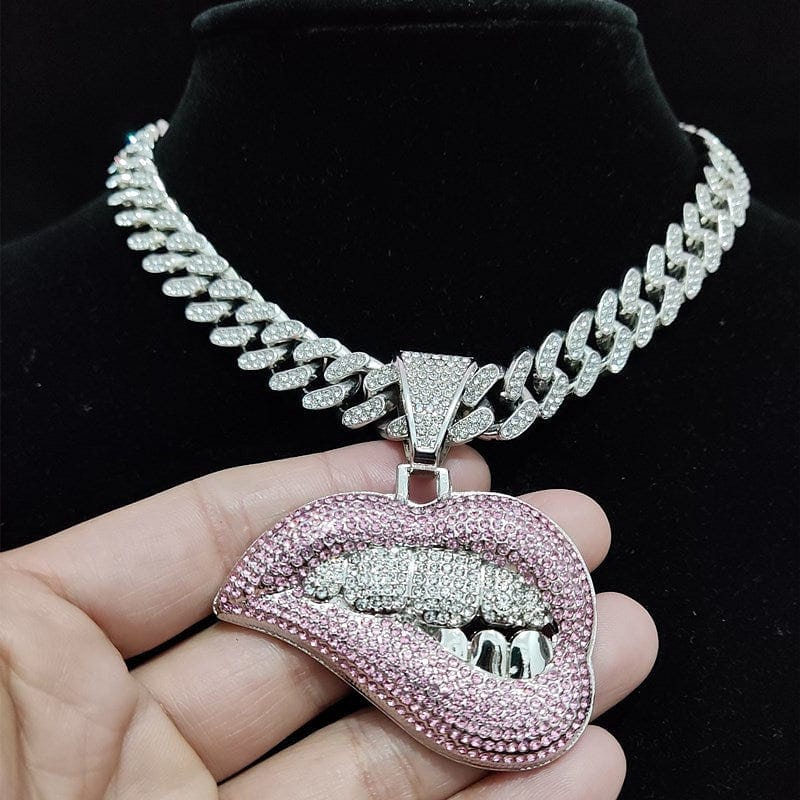 Fully Iced Out Pink Biting Lip Cuban Pendant Chain - Image 12