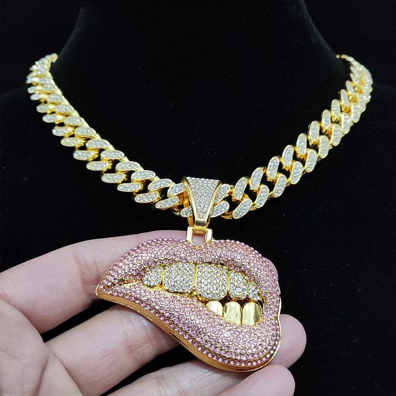 Fully Iced Out Pink Biting Lip Cuban Pendant Chain - Image 2