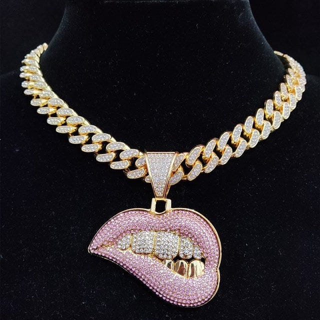 Fully Iced Out Pink Biting Lip Cuban Pendant Chain - Image 3