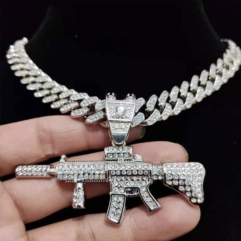Fully Iced Submachine Gun Pendant Rapper Necklace - Image 3