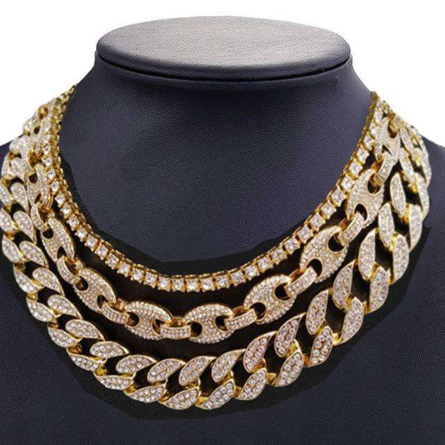 Gold Bling Cuban Chain + Coffee Bean Chain + Row Tennis Choker Chain Set - Image 3