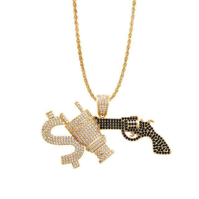 Gold Grillz + Bling Gun Pendant + Bling Gold Watch Set - Image 3