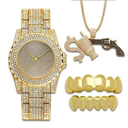Gold Grillz + Bling Gun Pendant + Bling Gold Watch Set - Image 5