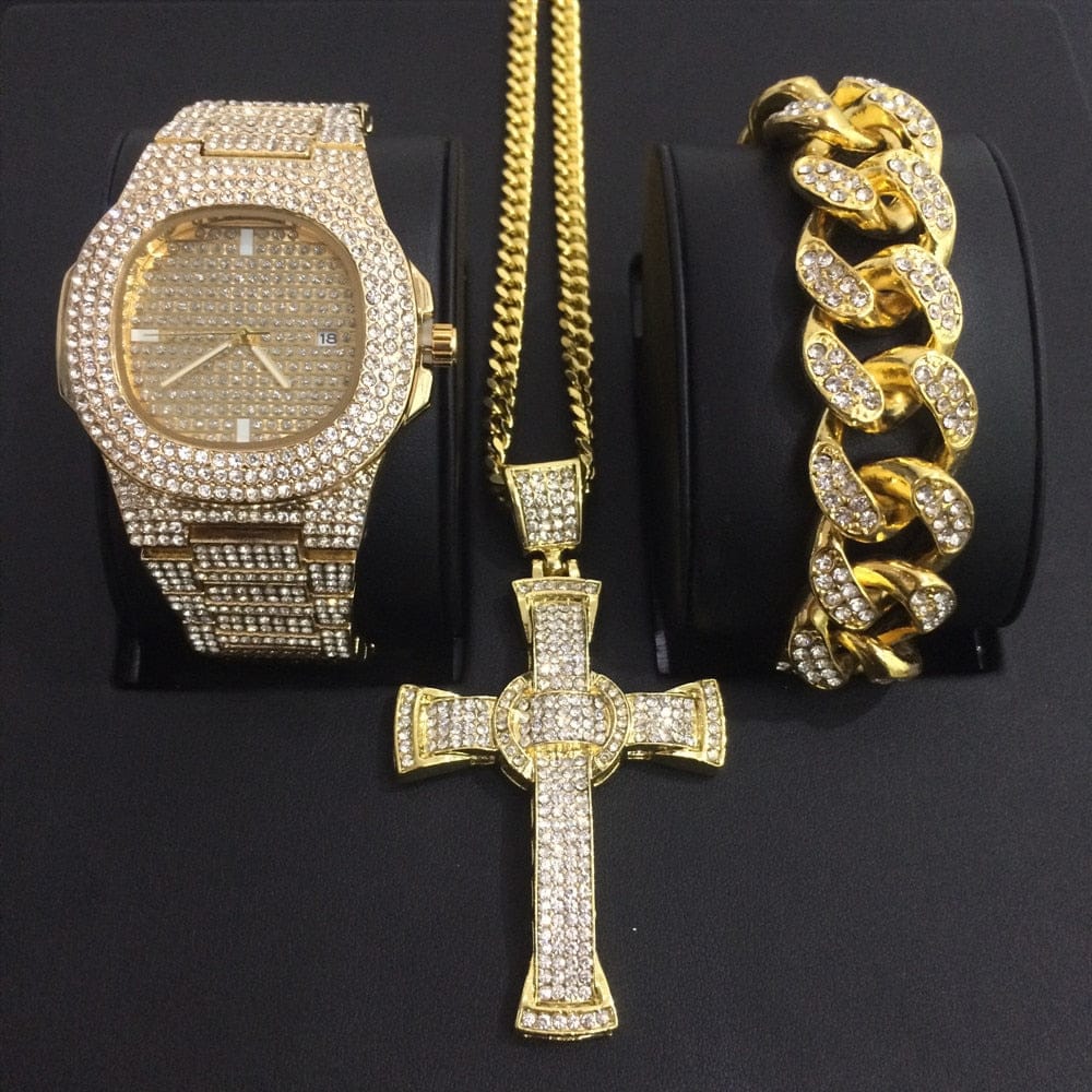 Gold/Silver Crucifix Necklace + Bracelet + OG Bust Down Watch Set - Image 12