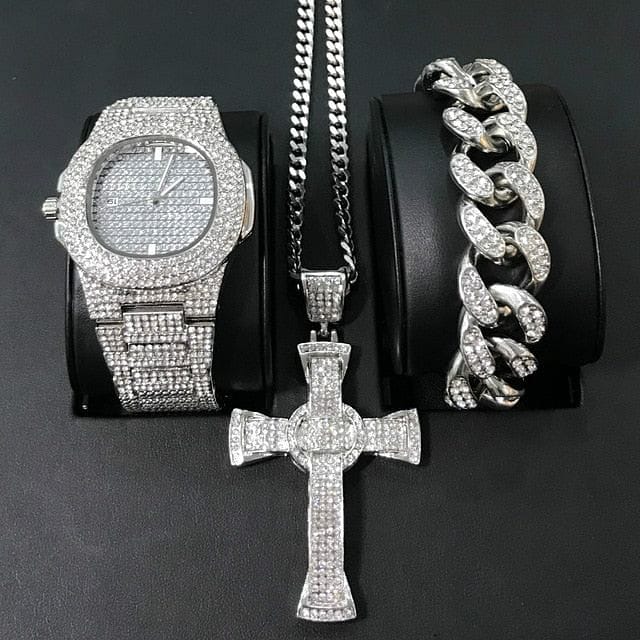 Gold/Silver Crucifix Necklace + Bracelet + OG Bust Down Watch Set - Image 5